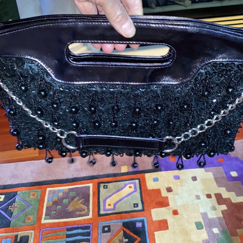 Dangly Beads Handle Bag With Removable Chain Shoulder Strap Non-Leather Black
